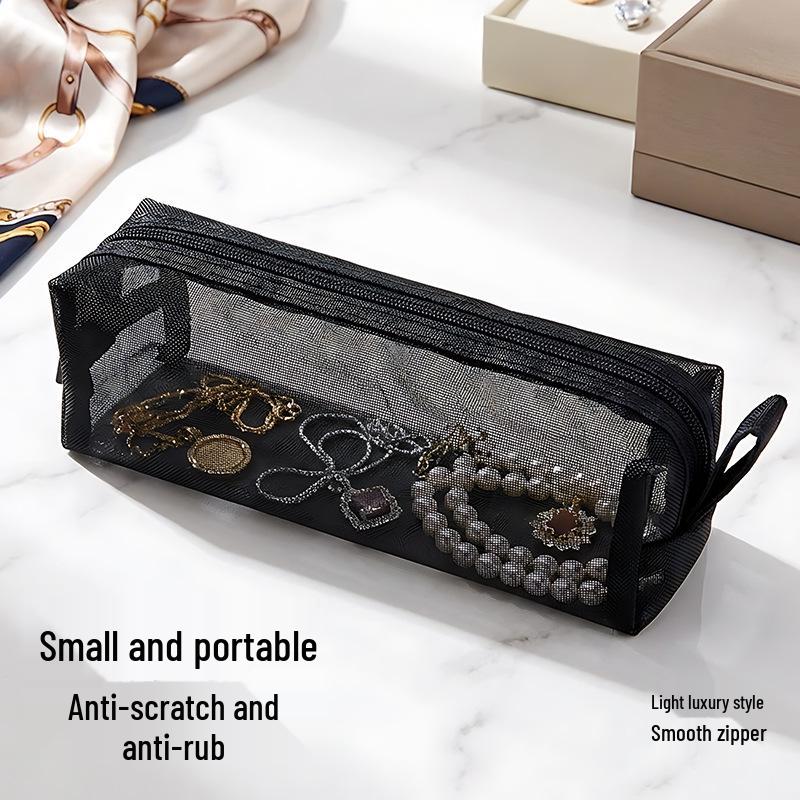

Mesh Jewelry Travel Bag - Transparent Zipper Storage for Ornaments, Earrings, Rings, and Necklaces.