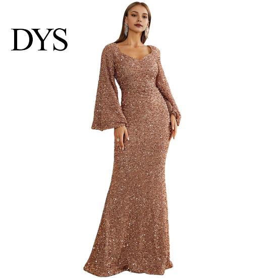 Long Dress Bell Sleeves Women Evening Sequin A-line Slim Fit Low-cut V Formal Occasion Gown Neck Maxi Mid Waist Back Zipper Closure Prom Slim-fit