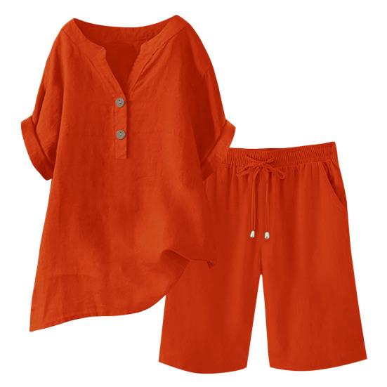 Cotton Linen 2 Piece Outfits for Women Short Sleeve V-Neck Top Wide Leg Shorts Set Summer Casual Loose Lounge Set