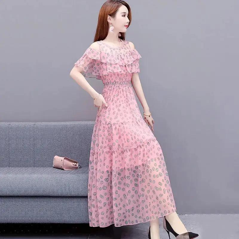 Women's Summer Elegant Off-Shoulder Beach Dress Chiffon Floral Print Knee-Length Dress