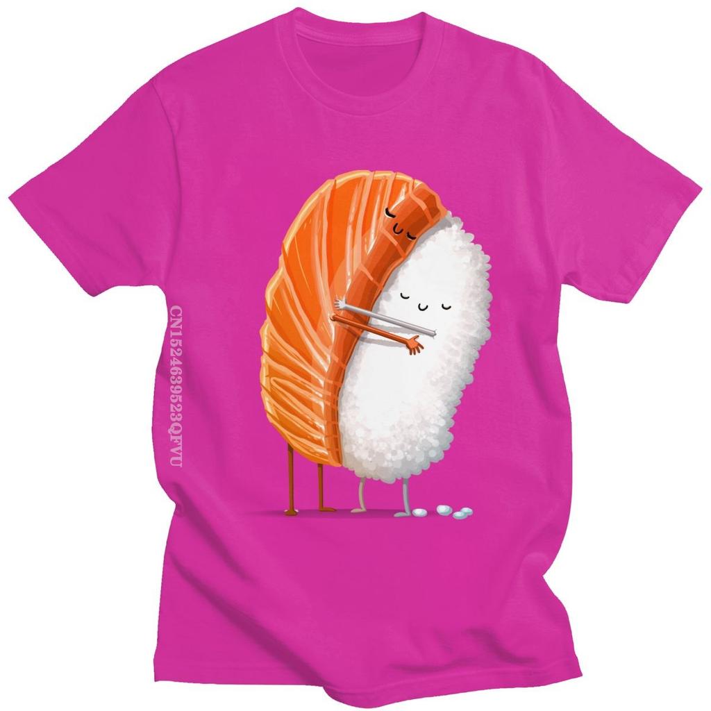 Cute Sushi Hug Tshirts Unisex Pure Cotton Cartoon Japanese Food Tee Streetwear Fashion Top Vintage Novelty Graphic Tshirt
