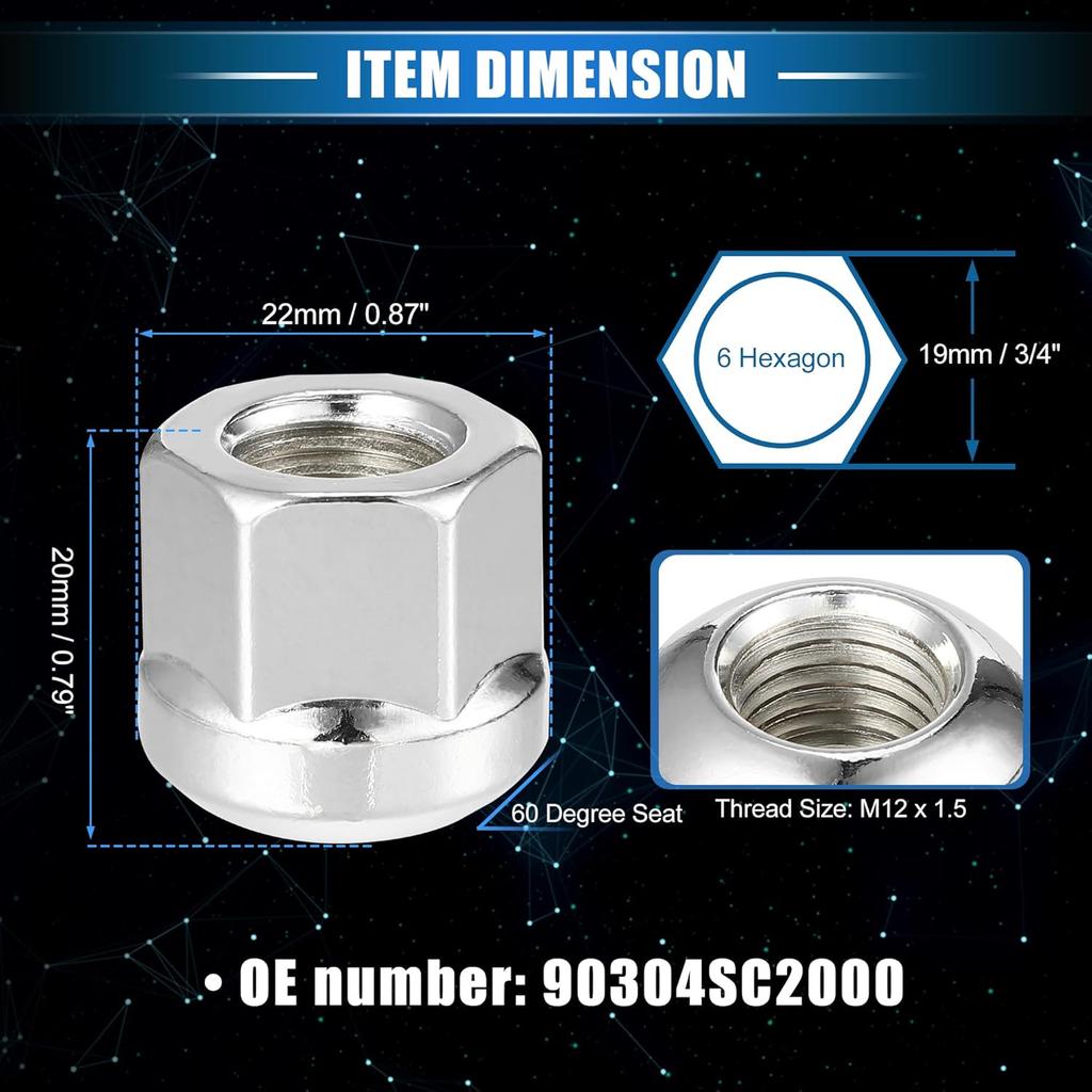 4 Pcs Wheel Lug Nuts Compatible for Honda Accord Civic, Durable M12 x 1.5 Carbon Steel Silver Tone Tire Lugnuts