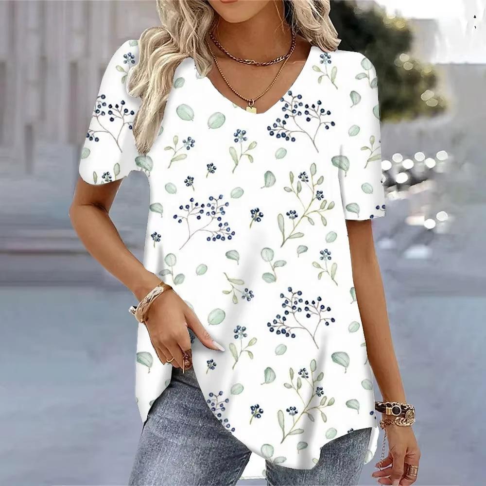 Casual Versatile Plant Pattern Short Sleeve V-Neck T-Shirts Women’s