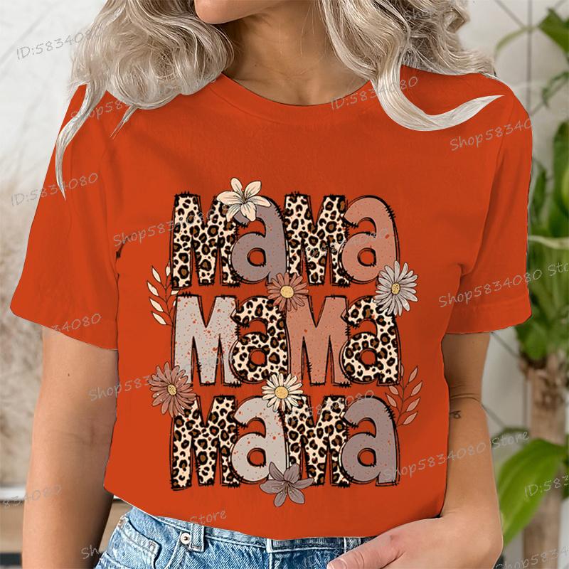 Fashion Funny Leopard Mama Flower Print Kids Short Sleeves T-Shirt Loose Casual Summer Outdoor Street Boy and Girl Tees Tops