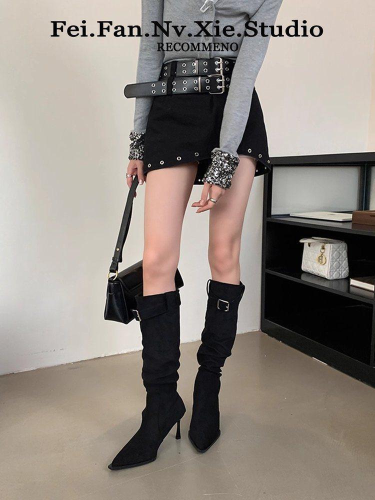 

Pile small head boots stiletto boots tip temperament autumn new 2025 suede high heel boots women 39 чёрный