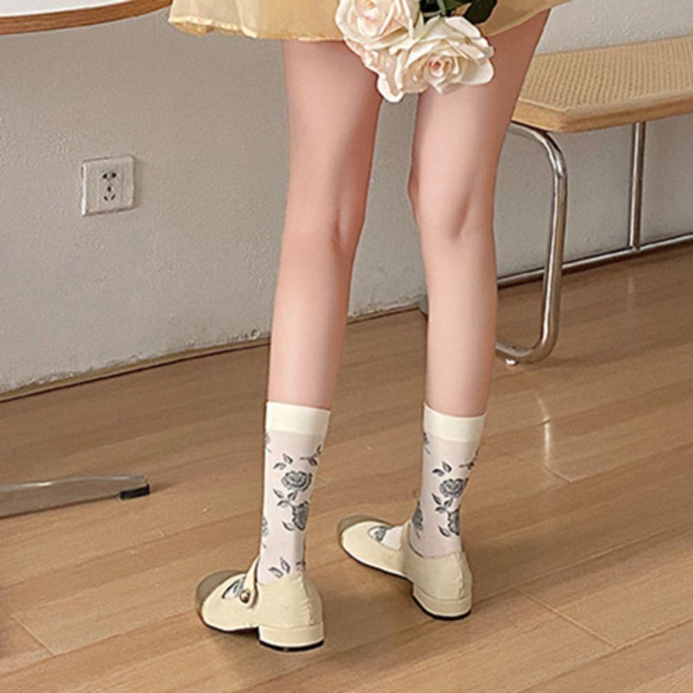 2Pairs Streetwear Retro Rose Stockings Lolita JK Mid Tube Long Socks Sweet Flower Stockings  Summer