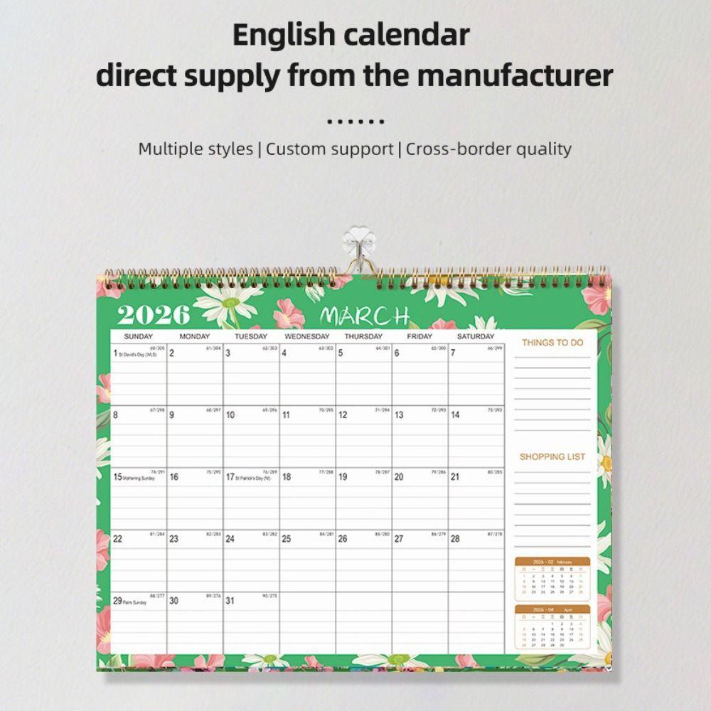 English Version 2026 Wall Calendar Large Date Blocks Floral Design Wall Calendar Thick Paper Aesthetic Design Hanging Planner