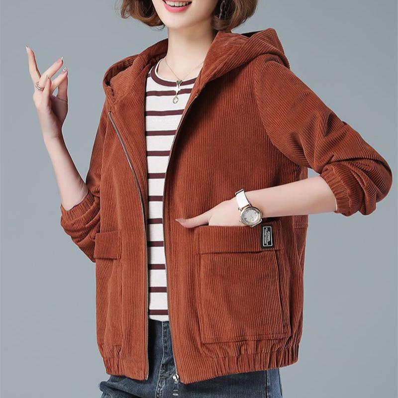 Short Corduroy Spring Coat Womens Autumn New Korean Loose Solid Hooded Jacket Fashion Casual Female Zipper Coat Tops