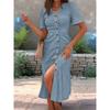 Women's Eyelet Embroidery V Neck Maxi Dress Short Sleeve Ruched Button Front Mermaid Hem Casual Dress