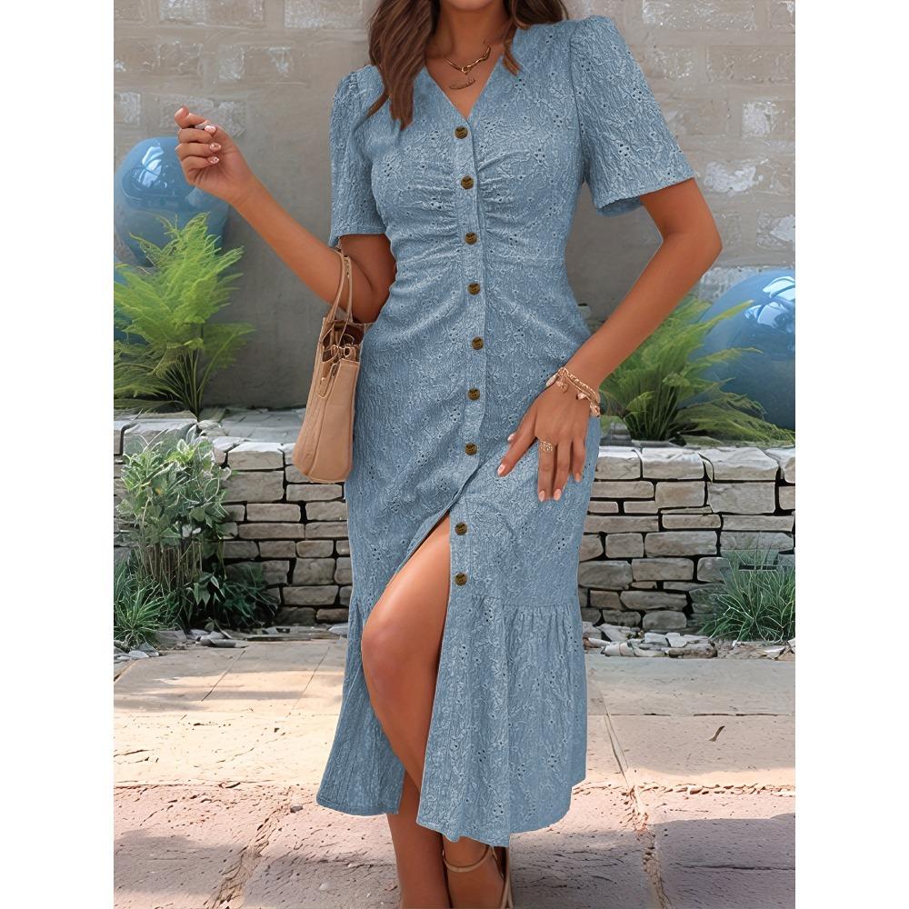 Women's Eyelet Embroidery V Neck Maxi Dress Short Sleeve Ruched Button Front Mermaid Hem Casual Dress