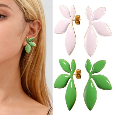 Elegant Pink Green Enamel Leaf Shaped Stud Earrings for Women Girls, Dainty Fashion Personality Design Stainless Steel Jewelry