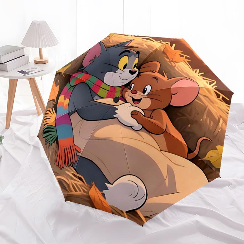 1 szt. Tom i Jerry Automatyczny Składany Parasol z Otwieraniem/Zamykaniem, Wiatroodporna Konstrukcja z 8 Żebrami, Lekki Parasol Podróżny dla Kobiet/Mężczyzn, a0902083