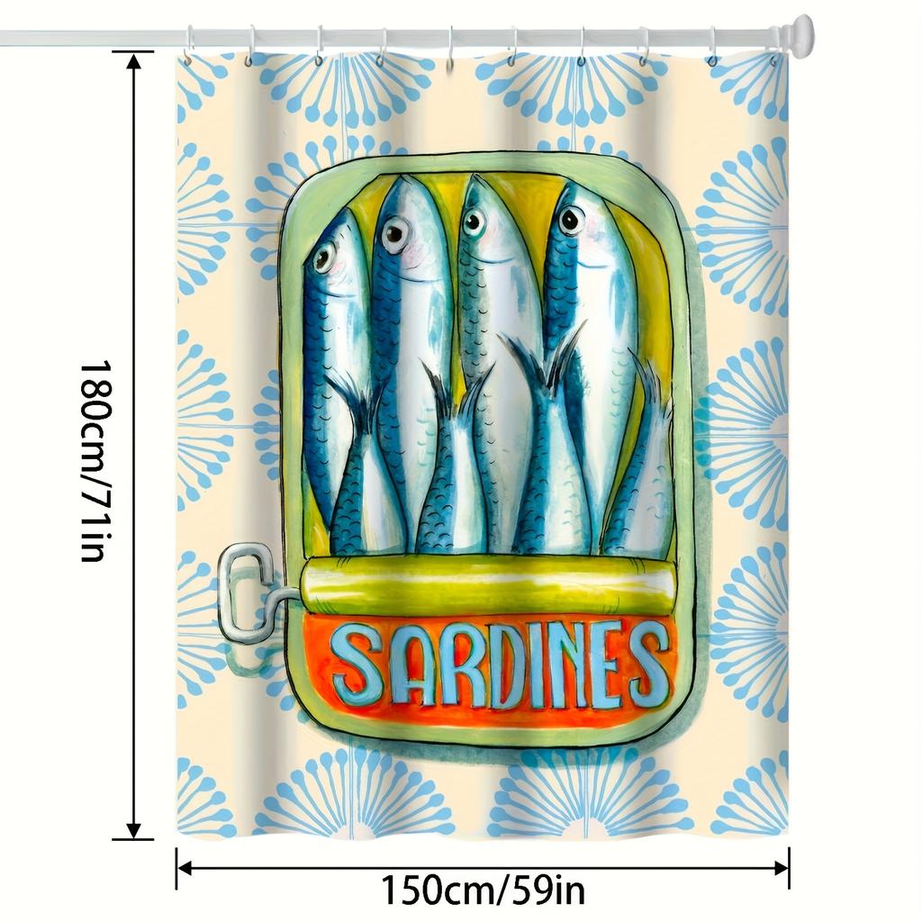 1 Stück Duschvorhang mit Sardinenschuppenmuster - Blau-Grünes Sardinendesign Badezimmerdekoration, Künstlerischer Sardinendosen-Etikettenstil, Maschine
