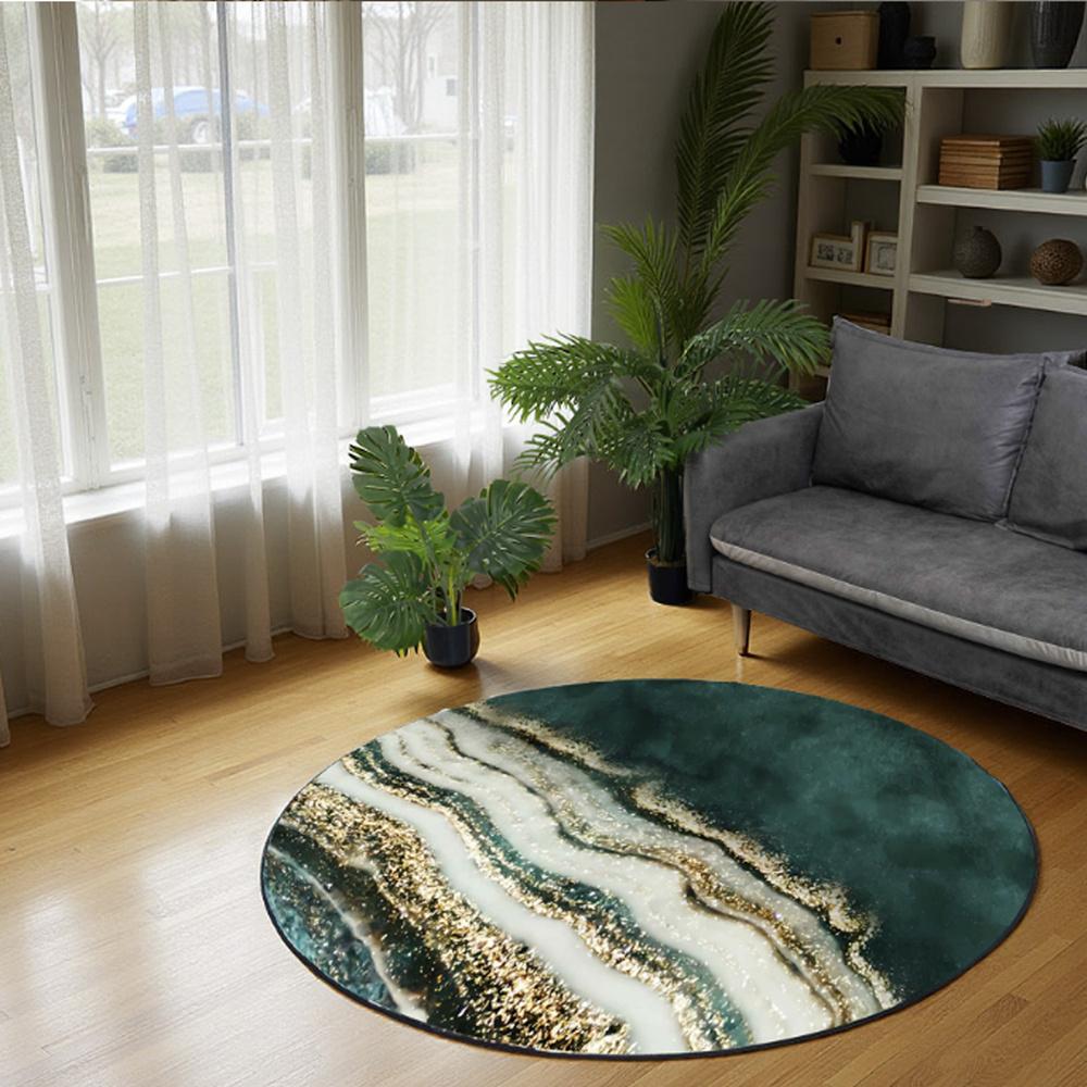 Dywan Okrągły NOVO Strado Nowoczesny Do Salonu Marmurowy Wzór Velvet ZłotyBrzeg 100x100 Cm