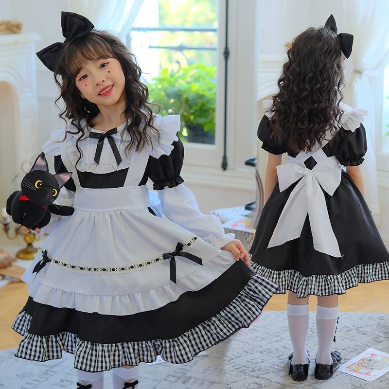 Black and White Plaid Long Sleeve Maid Dress Alice Lori Lolita Princess Dress Children's Dress Girls Lolita Performance Dress