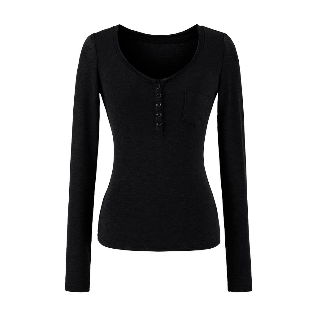 Women's Slim-Fit Long-Sleeve Henley V-Neck Top with Pocket, Stretchy Fine Cotton, Spring/Autumn Style