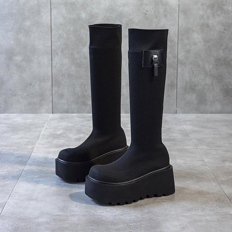 

Женские ретро вязаные сапоги-носки до колена, увеличивающие рост, на толстой подошве, Осень/Зима 2025, до середины икры, каблук 8 см. 36 чёрный