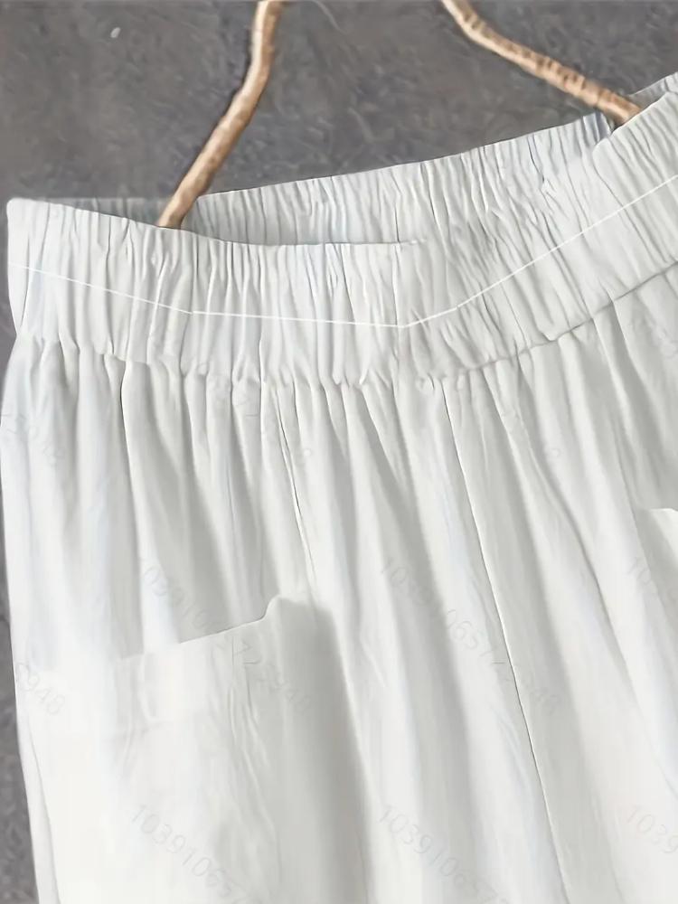 Pantaloni Drepți din Bumbac și In Ușor pentru Femei Plus Size - Stil Harem Casual Alb, Bandă Elastică în Talie, pentru Primăvară/Vară/Toamnă