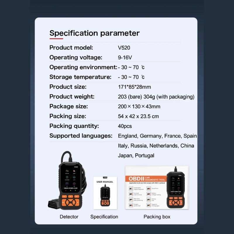 Vehicle OBD Scanner Auto Engine Light Fault Code Reader Detection Multi-language Diagnostic Scanner with Digital Display