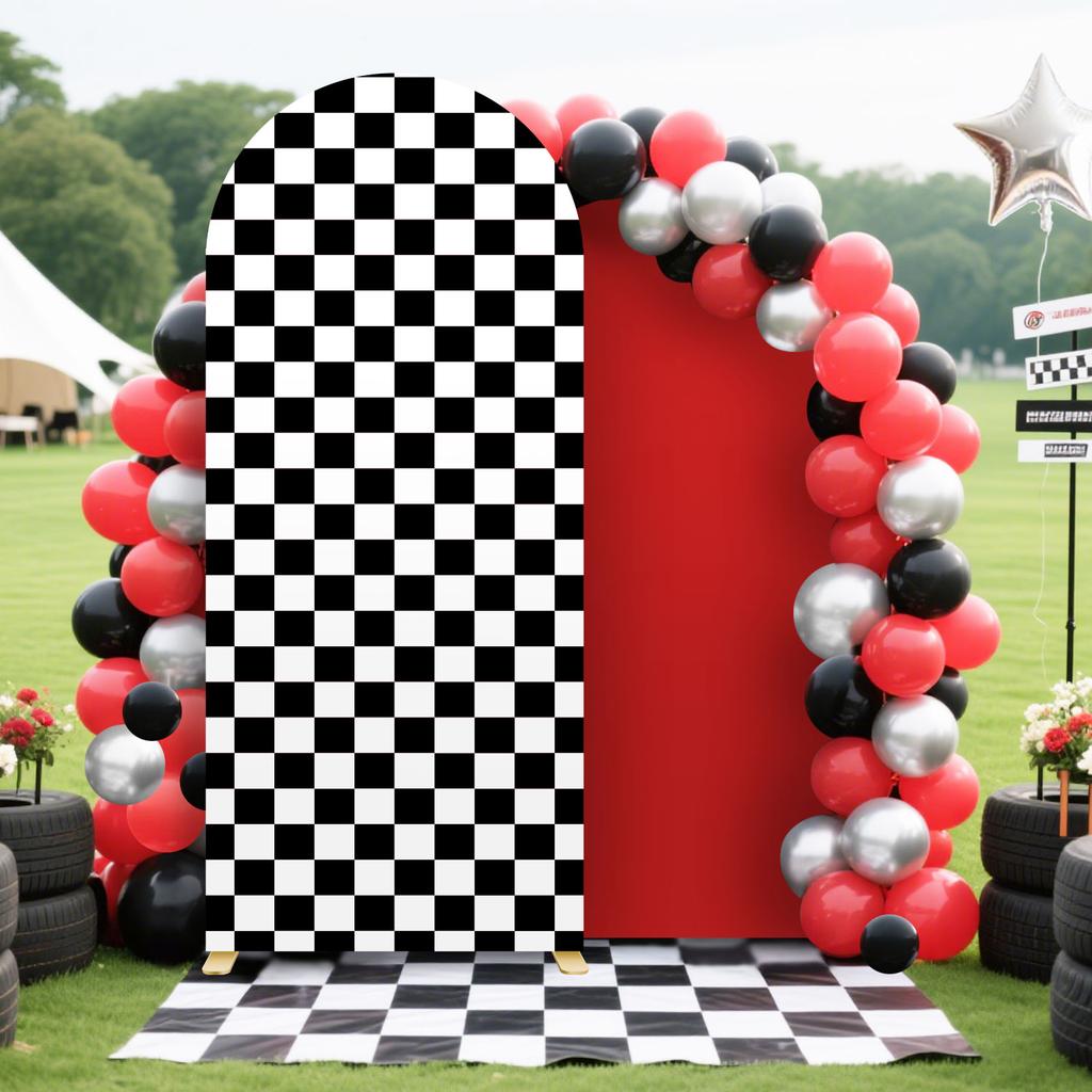 6.56ft Birthday Party Decorations Black & White Arch Cover Spandex Fitted Car Racing Arch Backdrop Covers for Kid Boys Party