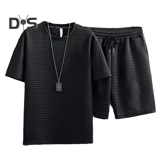 

2 шт./компл. мужской наряд из вафельной ткани, однотонный спортивный костюм с круглым вырезом и коротким рукавом, шорты на шнурке, комплект повседневной спортивной одежды M чёрный