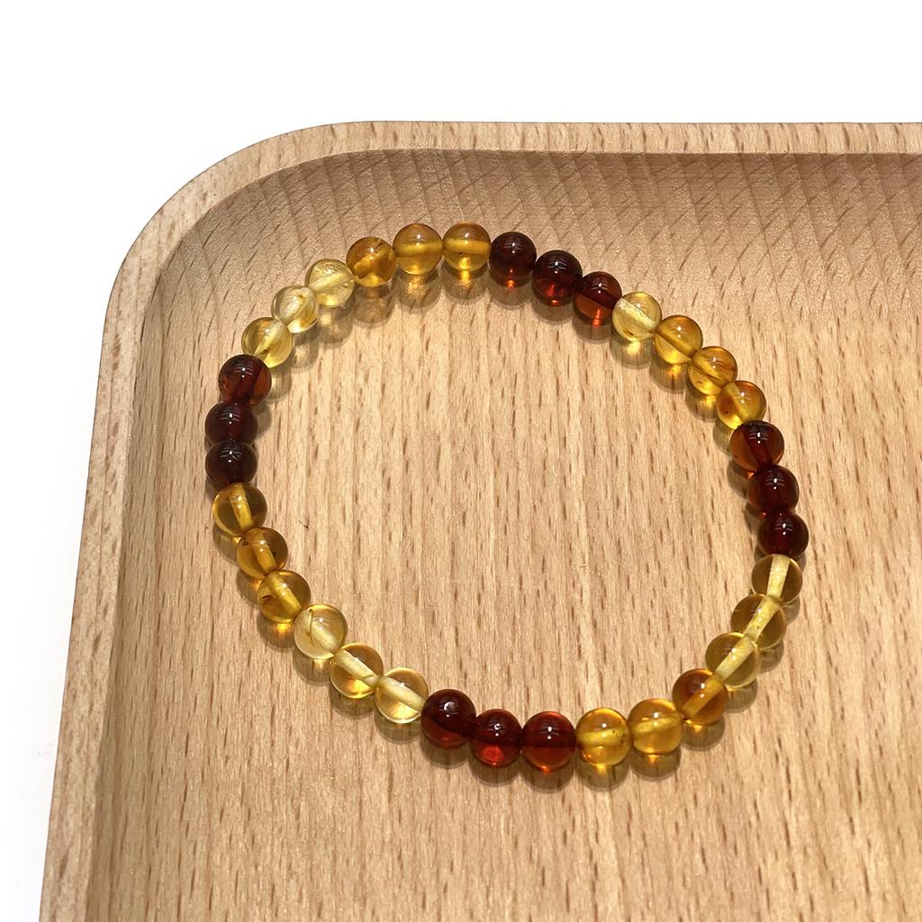 Natural Amber Three Color Round Bead Bracelet 5.3×5.3mm 18cm, Mixed Blood Amber Golden Amber Floral Amber Elastic Stack Bracelet