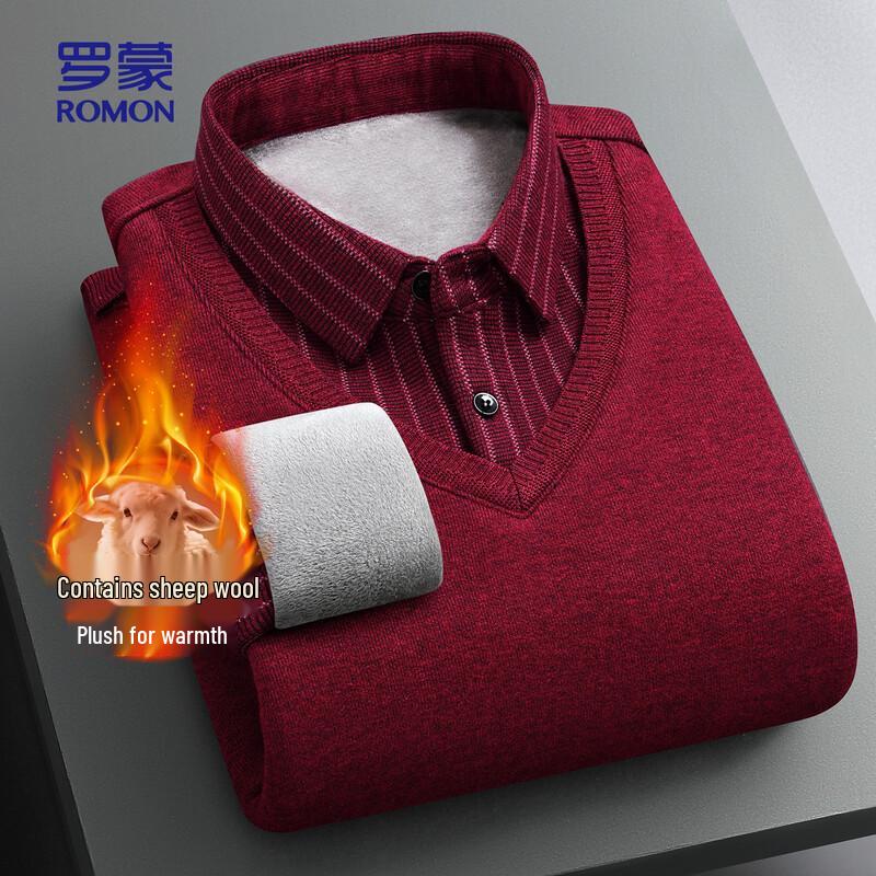 ROMON Men's Fleece-Lined Wool Blend Knit Shirt Collar Sweater