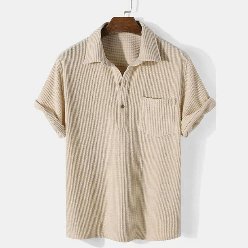 Men's Summer Short Sleeve Corduroy Lapel T-shirt Solid Color Design Simple Tops