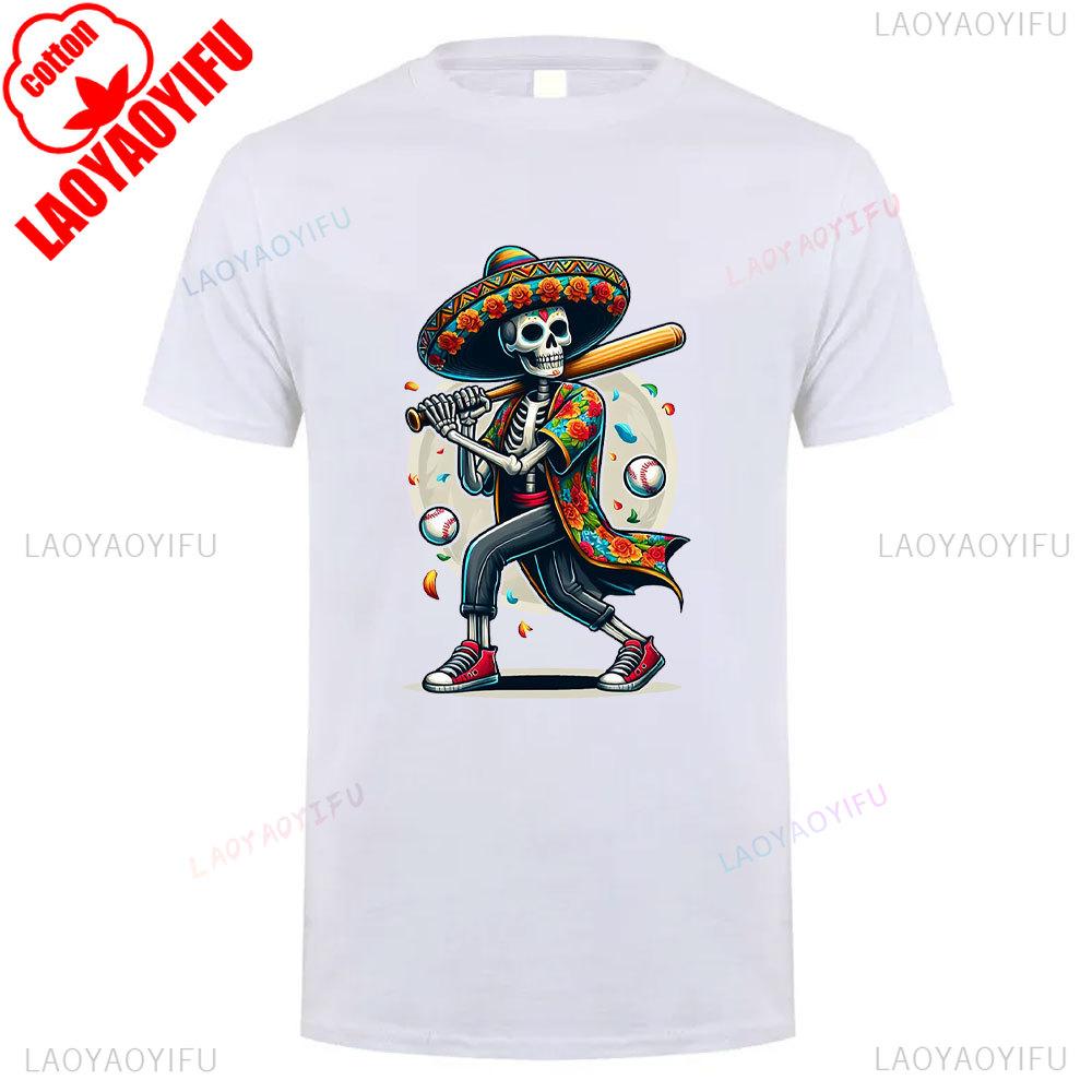 Cotton Summer Short Sleeve Mexican Skull Unisex Tee Round Neck Breathable Vintage Pattern Graphic Shortsleeved Launched Top