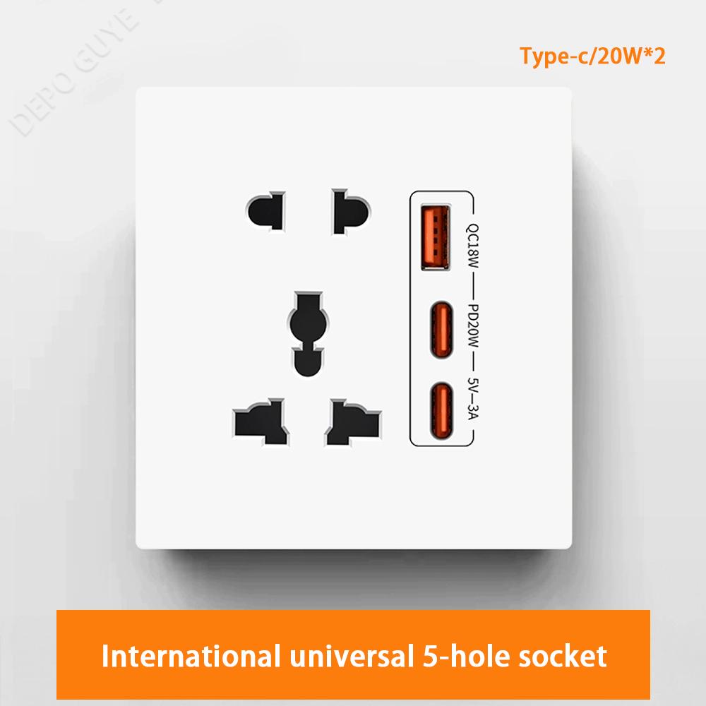 Universal 5Pin Socket With 20W Fast Charging Double Type-C Port,UK Wall  Electrical USB Plastic Power Plug Outlet AC 110V-250V