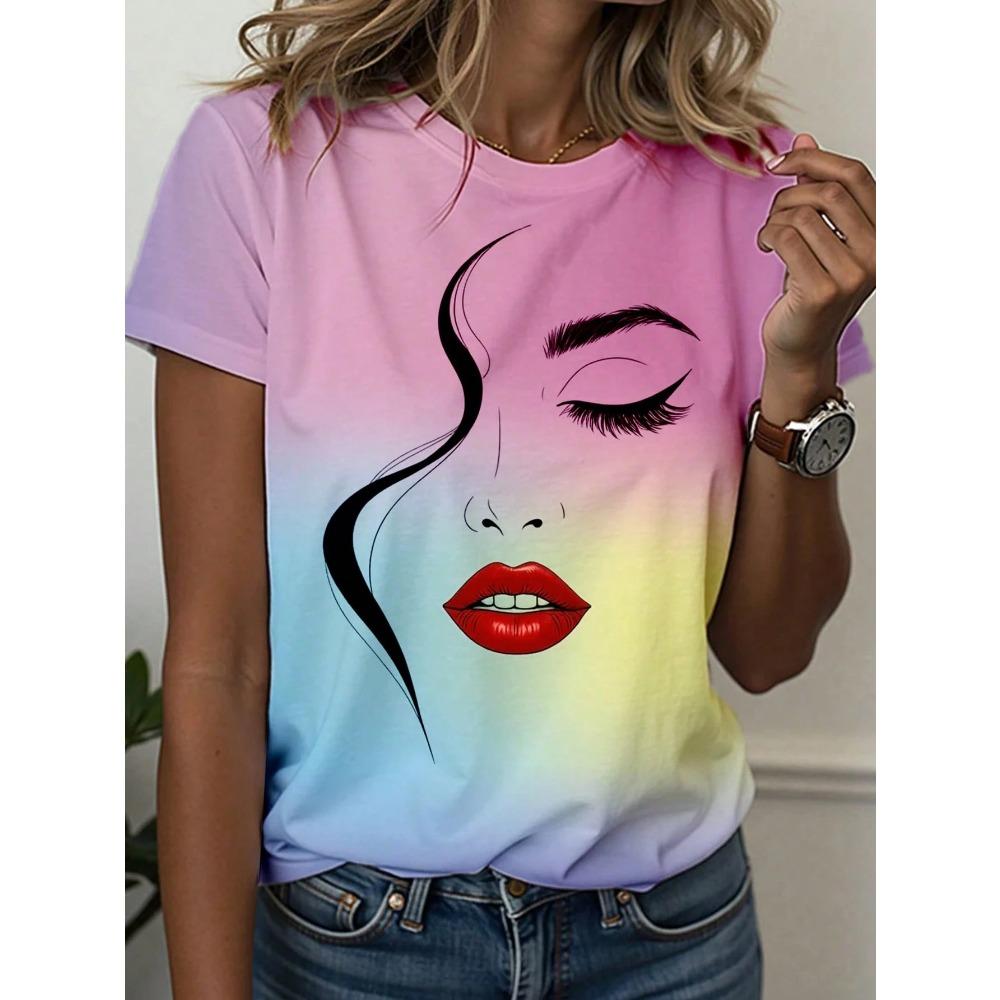 Women's T-Shirt Abstract Face Line Art Graphic Print Tops Casual O-Neck Short Sleeve Tee Summer Outdoor Fashion Female Clothing