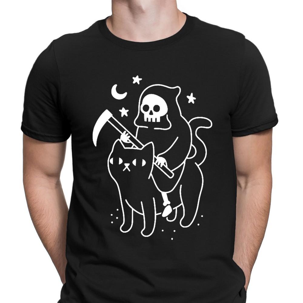 Death Rides A Cat Skull Horror Scary Funny Mens T-Shirts Tee Top D