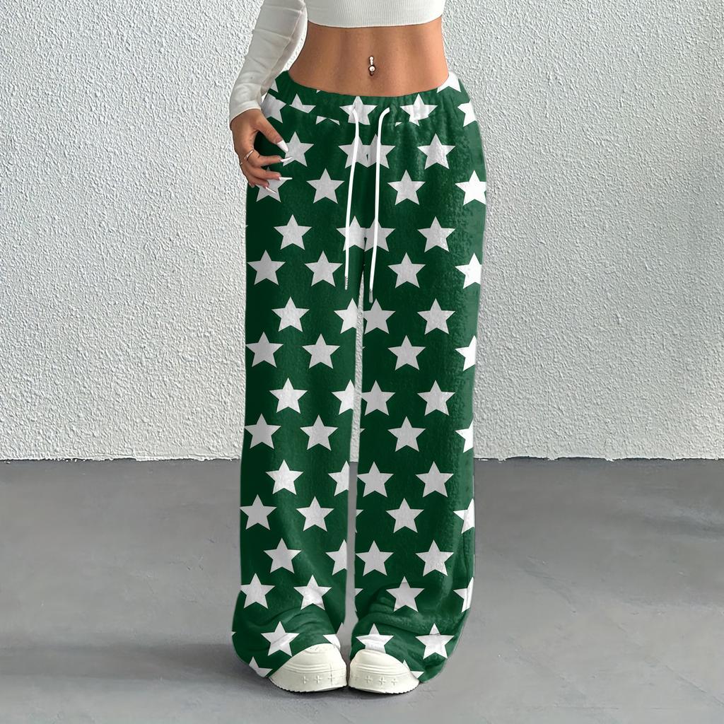 Women's Casual Fashion Printed Elastic Waist Loose Straight Leg Pants With Rope