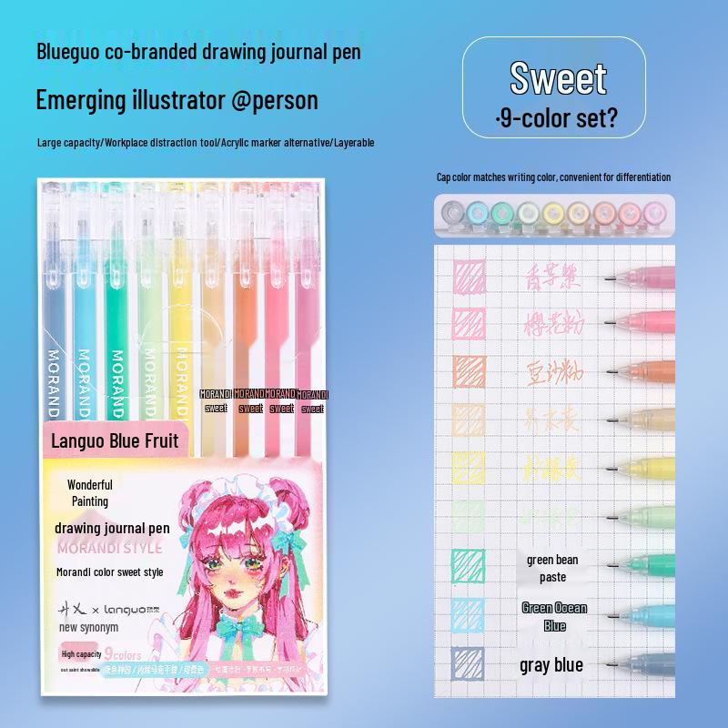 Blue Fruit Nine-Color Gel Journal Pens for Students - Doodle, Color, and Highlight with Fluorescent Markers