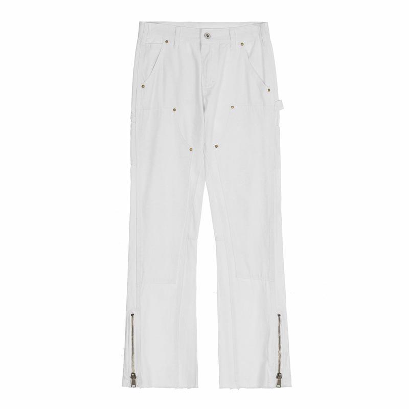 Men's Trendy Raw Edge Zipper Jeans: Slim, Straight, Flared Workwear Pants with American Street Style Vibe.