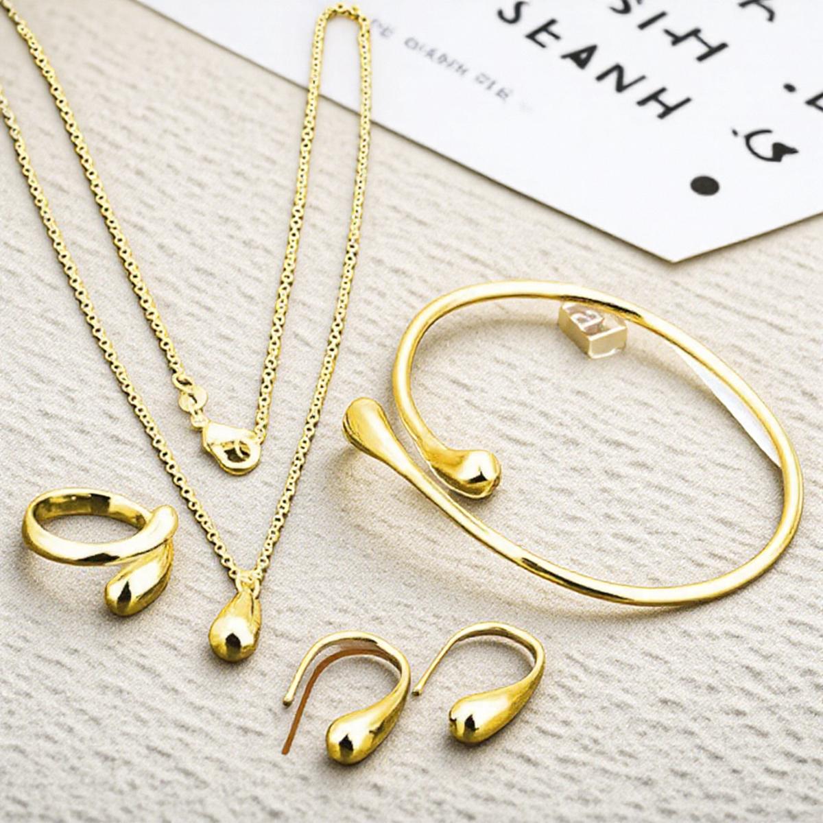 

Hot Wedding Fashion Gold Silver Jewelry Set Big Hand Chain Bracelet Necklace Ring Hoop Oval Earrings Teardrop Water Drop золотий