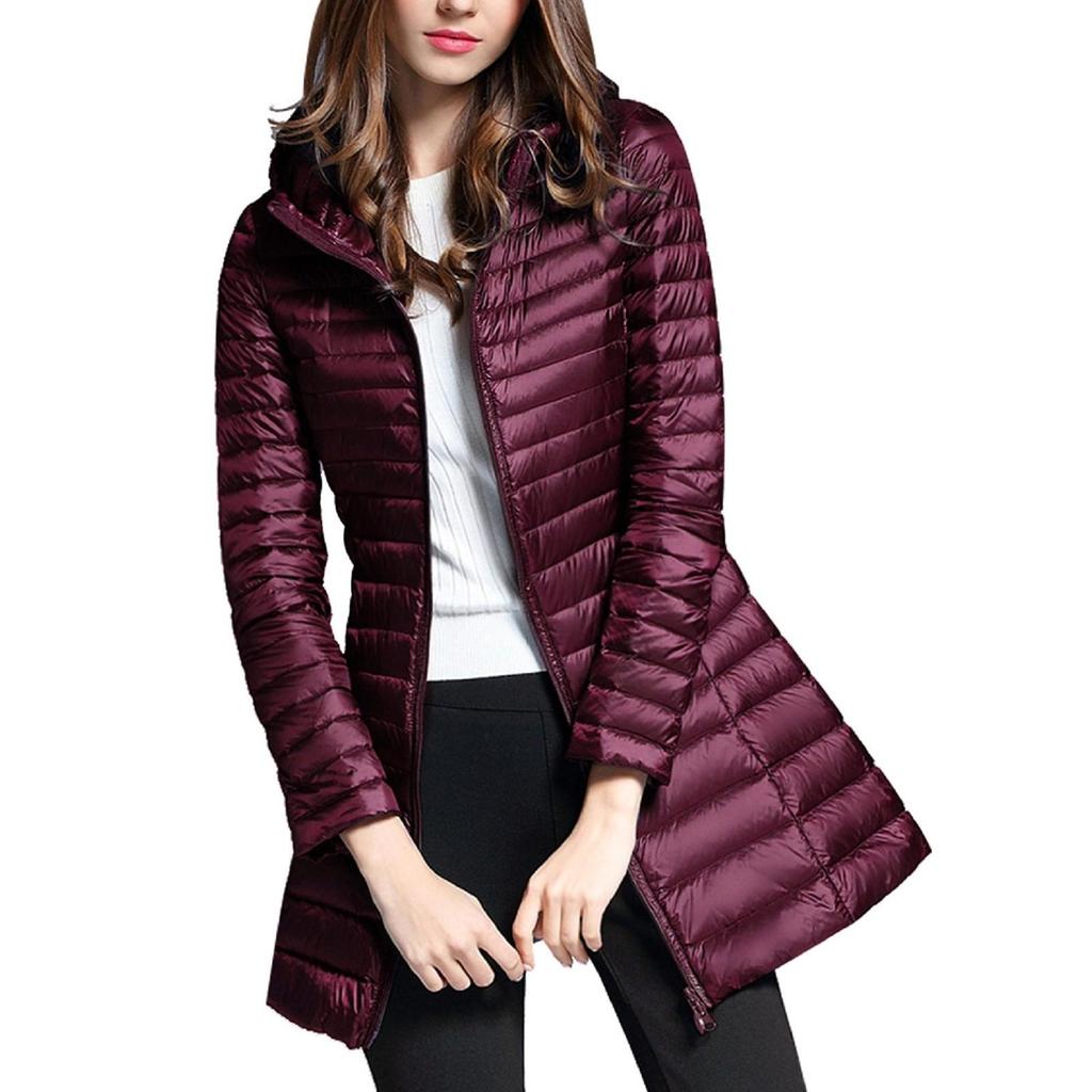 Damen-Steppmantel mit Kapuze, langärmelig, warm, für den Winter, Reißverschluss, Midi-Länge, Oberbekleidung