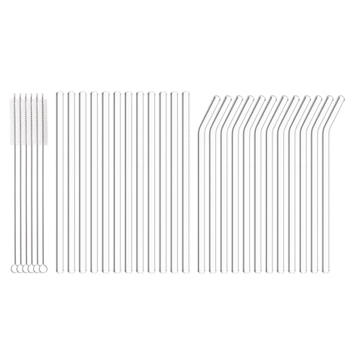 

30 PCS Drinking Straws, 8 x 200 mm Bulk Reusable Glass Straws, Include 12 Straight 12 Bent 6 Cleaning Brush, Straws for Smoothies, Milkshake, Juice чистий