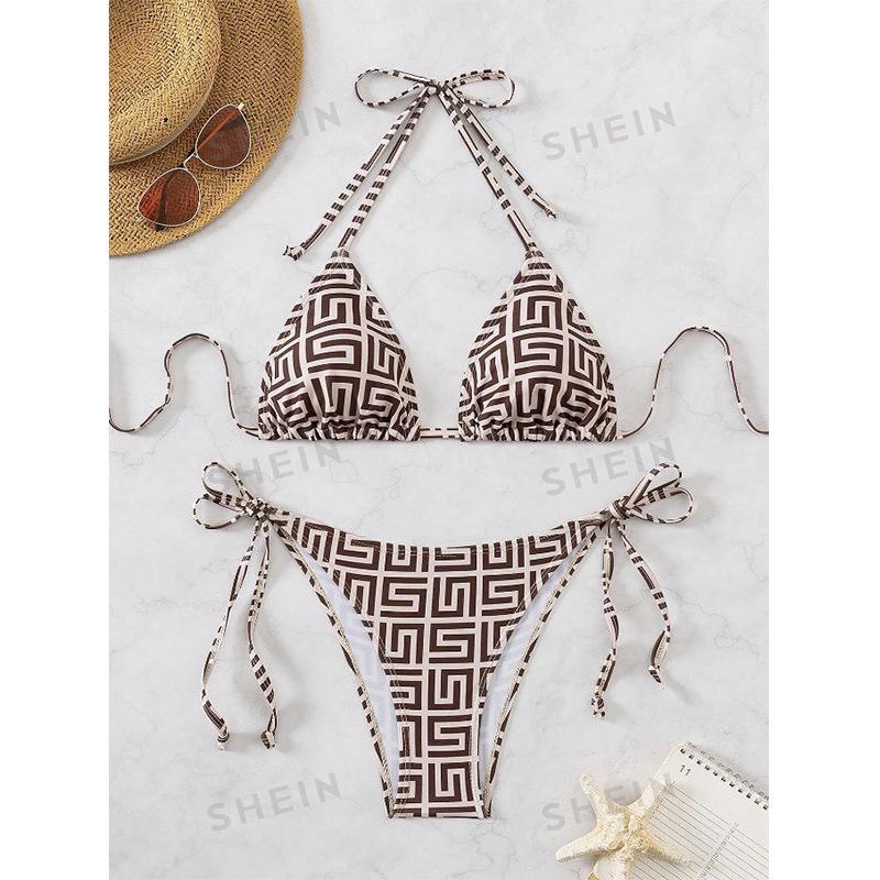 

Женское высококлассное полосатое бикини-бандаж без спинки с глубоким V-образным вырезом S