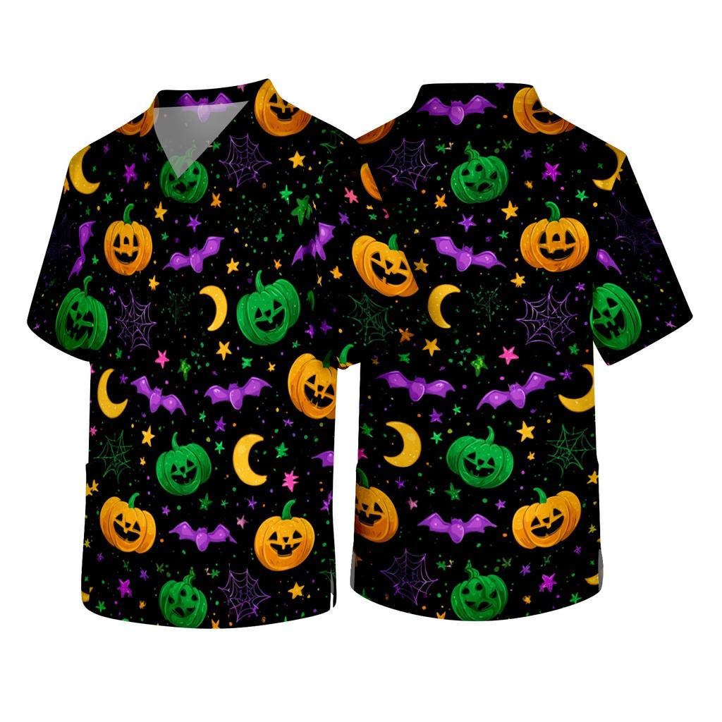 Men's Short Sleeve V Neck Halloween Print Medical Scrub Top with Chest Pocket Suitable for Healthcare Professionals and Caregivers