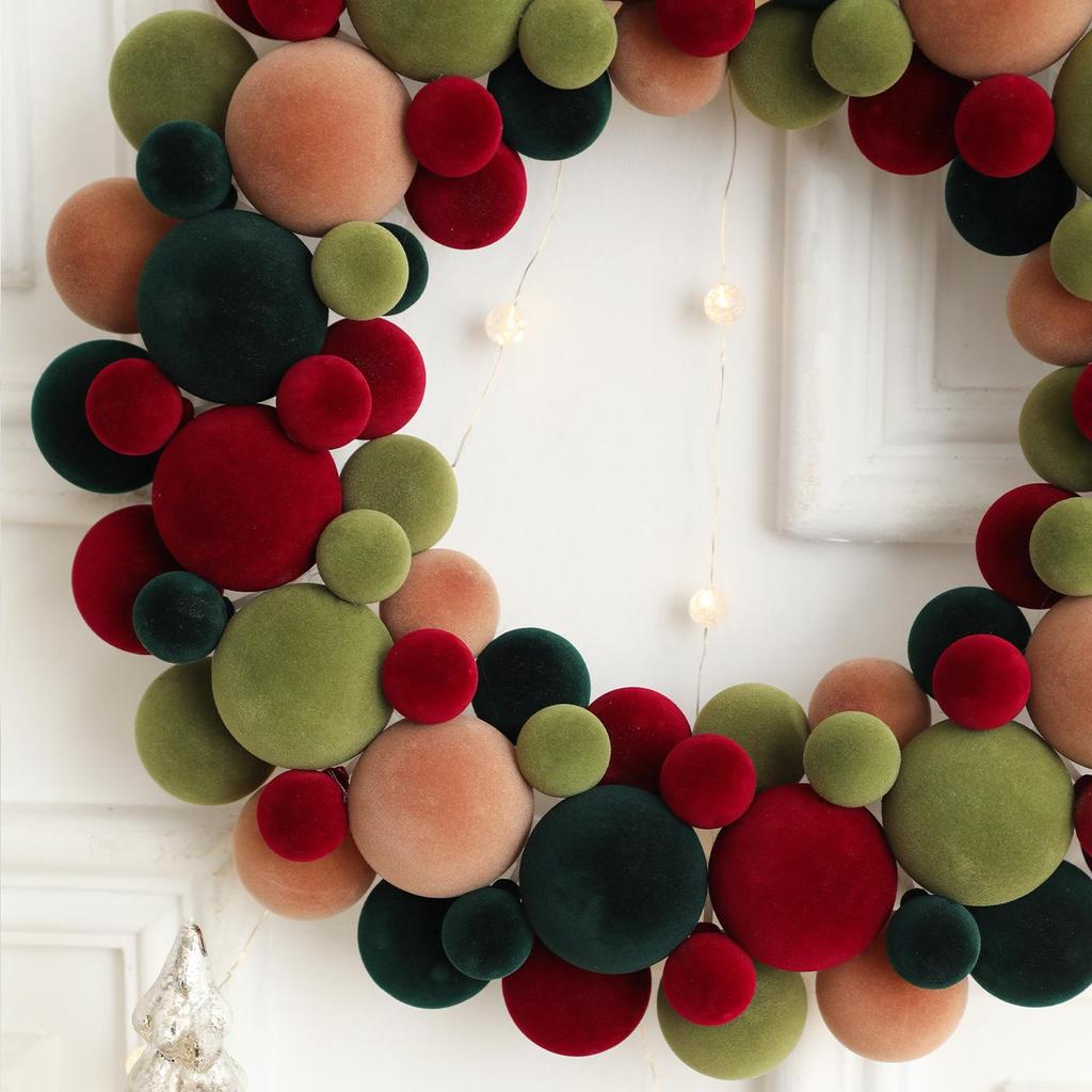Colorful Flocked Christmas Ball Wreath for Tree, Wall, or Door Decoration