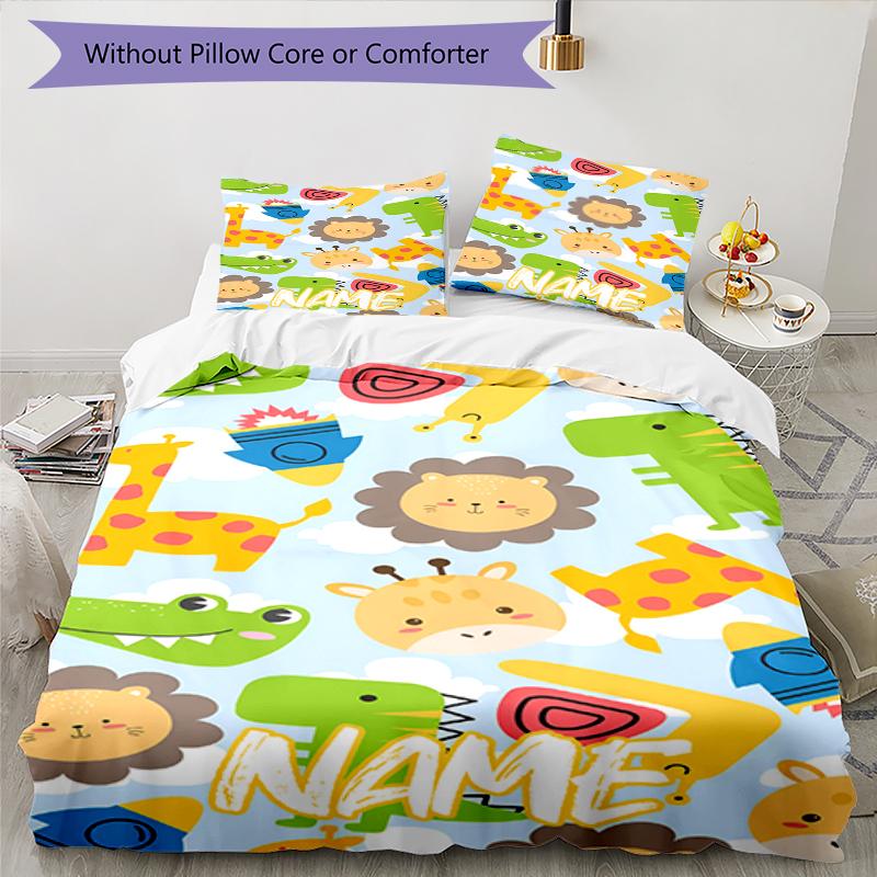 3pcs Custom Name Animals Bedding Set Duvet Cover Closure Includes 1 Duvet Cover & 2 Pillowcases, Soft and Comfortable for All Seasons.