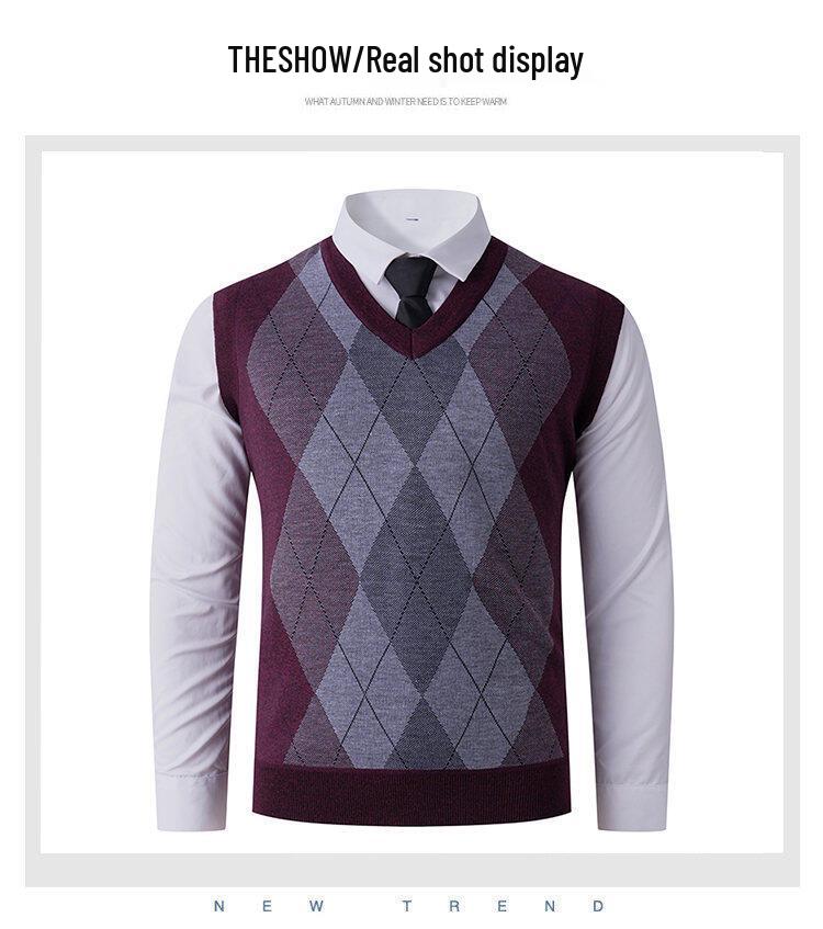 Men's V-Neck Knit Vest - Autumn/Winter Style, Sleeveless Casual Pullover for Middle-Aged and Young Adults