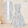 Women Plus Size Printed Two Piece Set 3 4 Sleeve Open Front Cardigan Sleeveless Round Neck Tie Waist Flared Dress