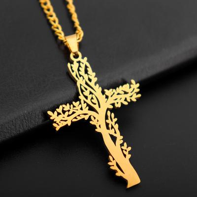 Mode Glück Gebet Kreativer Lebensbaum Kreuz Halskette Persönlichkeit Paar Party Hip Hop Edelstahl Feiertagsgeschenk Anhänger