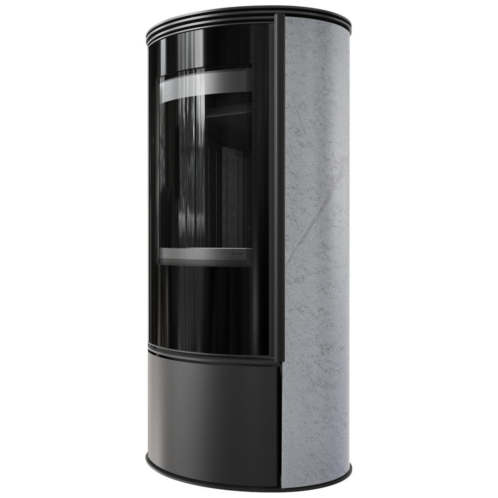 Wood burning steel stove KRATKI ERIK Ø 150 5,5 kW decorative ceramics GRAY SATIN black thermotec self closing door