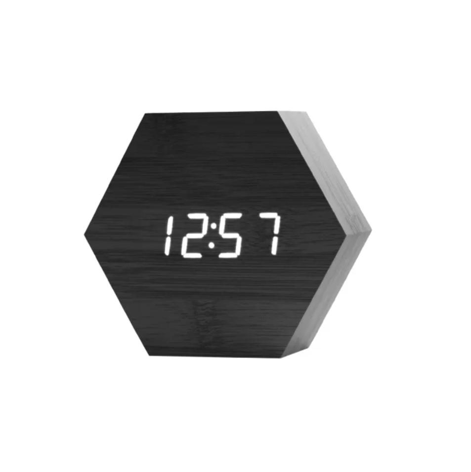 New Material Hexagon Voice Control USB Charger Digital Desk Clock Wood Alarm Clock Wooden Led Digital Alarm Clock белый