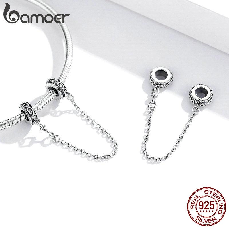 Bamoer 925 Silver Vintage Vine Pattern Safety Chain with Silicone Stopper for Original Charms Bracelet SCC1546