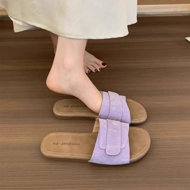 Self-kept version~ Soft leather flat-bottomed slippers for women to wear in summer, new casual one-word sandals, vacation seaside beach shoes