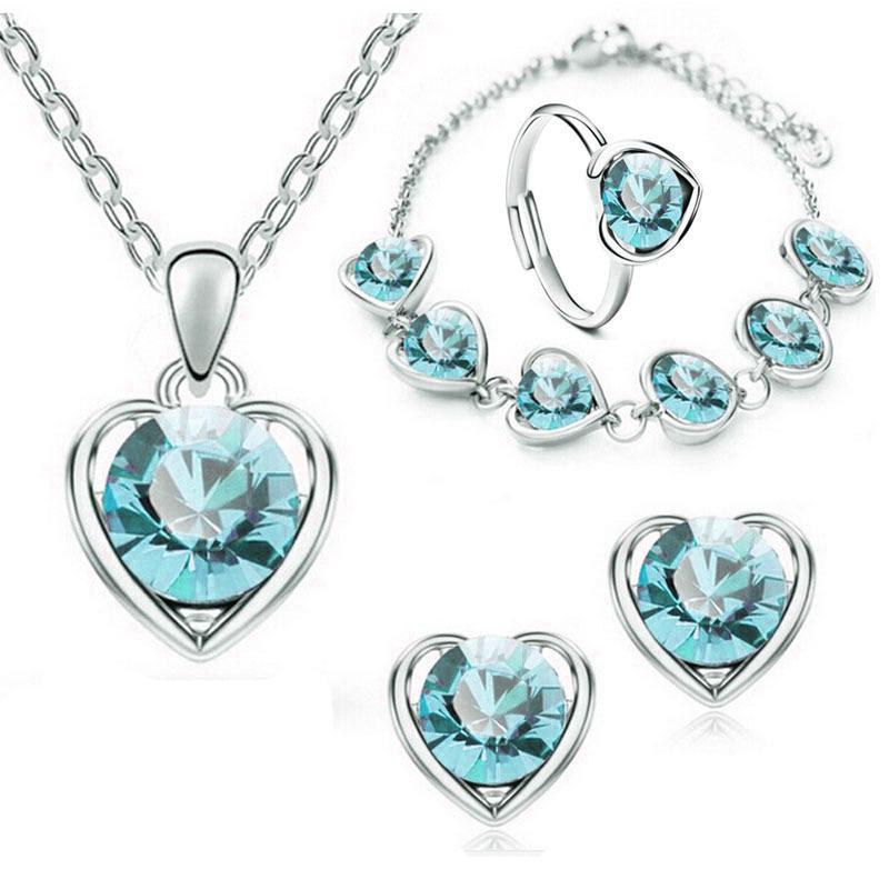Women's Crystal Heart Jewelry Set: Necklace, Earrings, Ring, and Bracelet